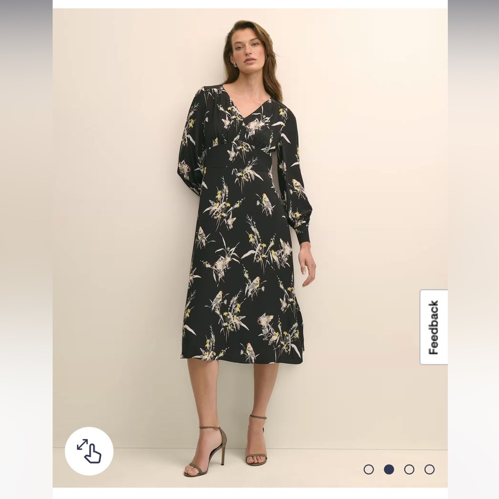 NWT Brooks Brothers Black Floral Long Sleeve  Bird Pattern Midi Dress